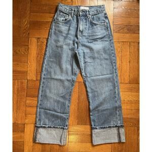 Mango MNG Jeans Womens Size 1 Blue Denim Casual Wide Leg Boyfriend Rolled Cuff